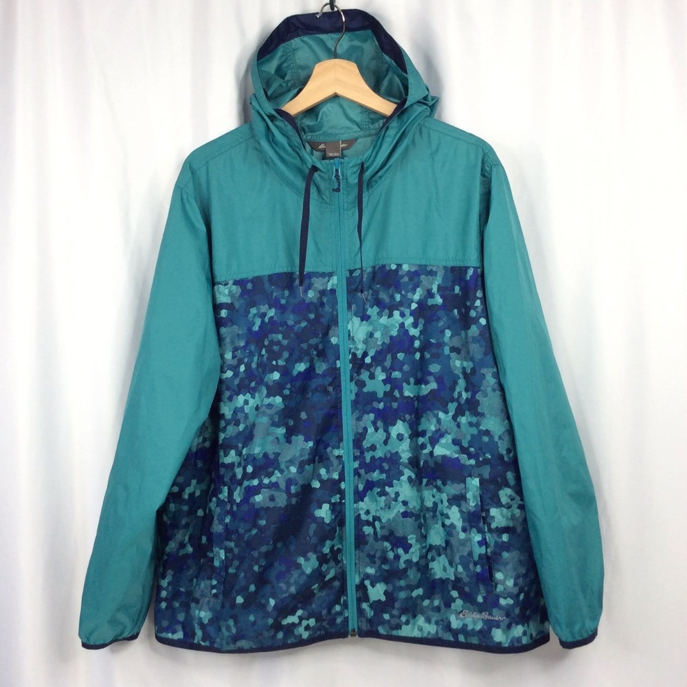 Eddie Bauer Women's Momentum Windbreaker Jacket Size 2XL Teal Navy Blue Hooded